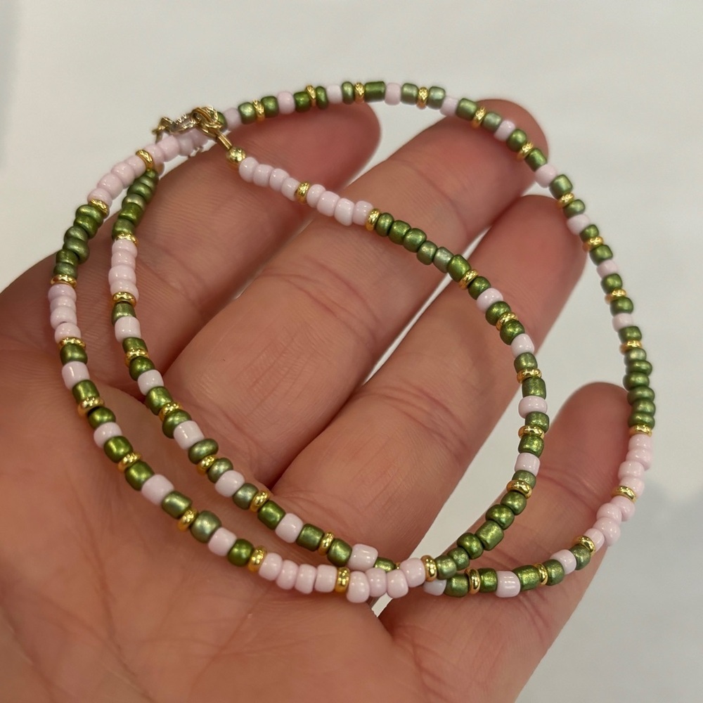 Pink And Green Bead Necklace With All Gold Filled Components Handmade
